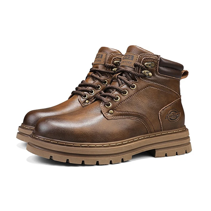 Men's Vintage Ankle Work Boots Genuine Cow Leather Lace-Up Thick Sole Non-Slip Outdoor Combat Boots Plus Size Fashion Men Shoes