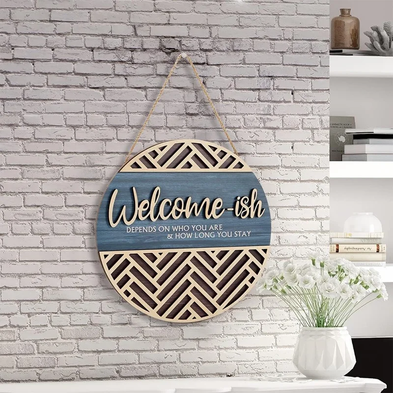 3D Welcome Hanging Sign Plaque For Front Door Wall Decor, Funny Welcome-Ish Wooden Hanger, Rustic Minimalist Wood 30X30cm