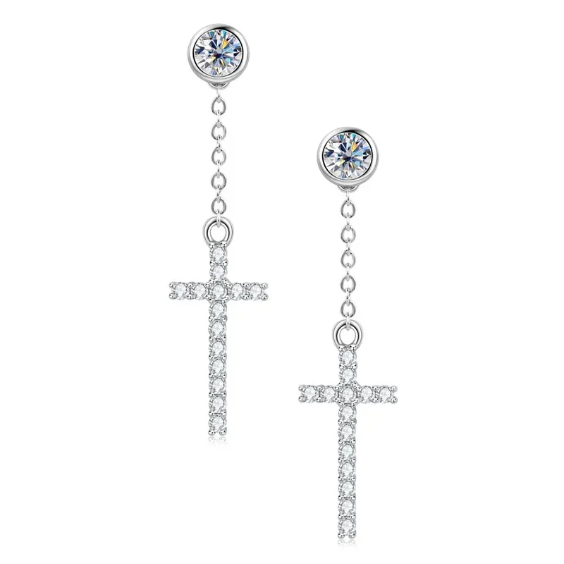 Women's Religion Earrings Original 925 Sterling Silver Round Cut 4mm Moissanite Tassel Chain Cross Drop Earrings Women Men