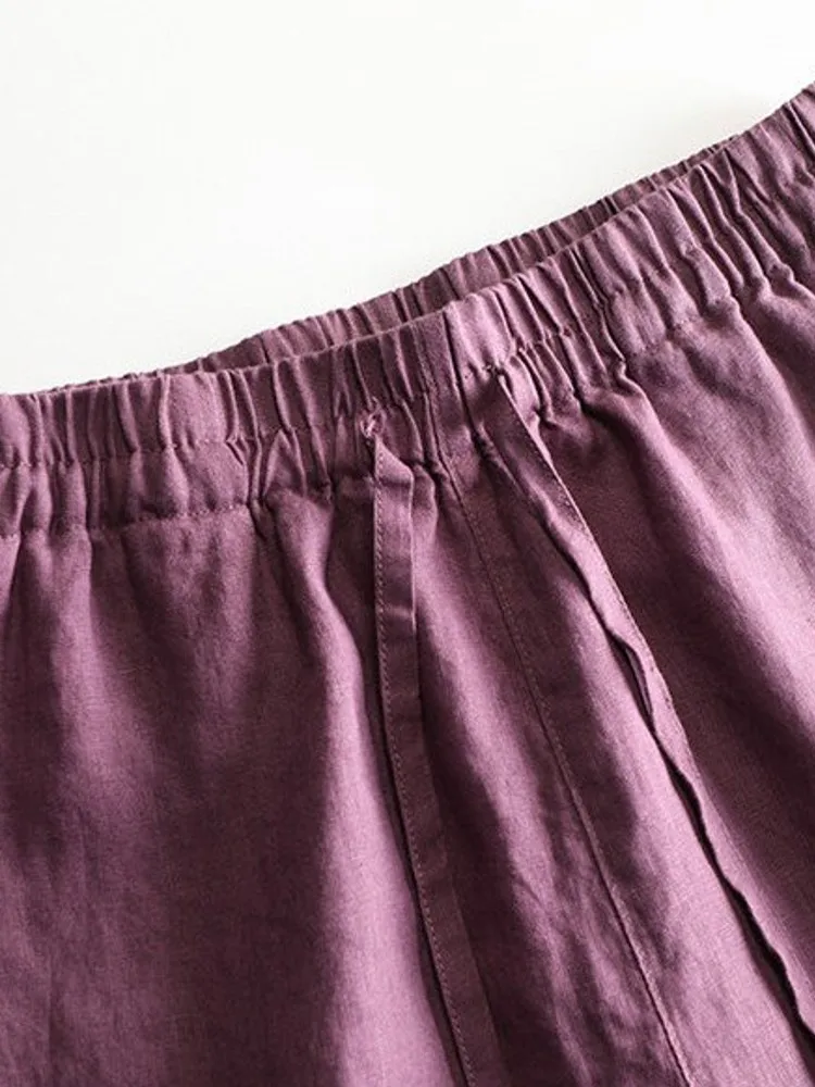 Office Fashion Lady Summer Linen Loose Fit Solid Color Shorts High Waist Casual Shorts Women Streetwear Wide Leg Short Trousers