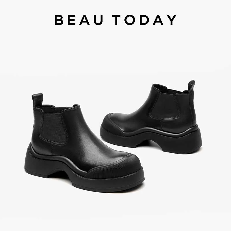 BEAUTODAY Chelsea Boots Women Genuine Cow Leather Round Toe Solid Color Slip-on Ankle 2023 Winter Ladies Shoes Handmade 05408