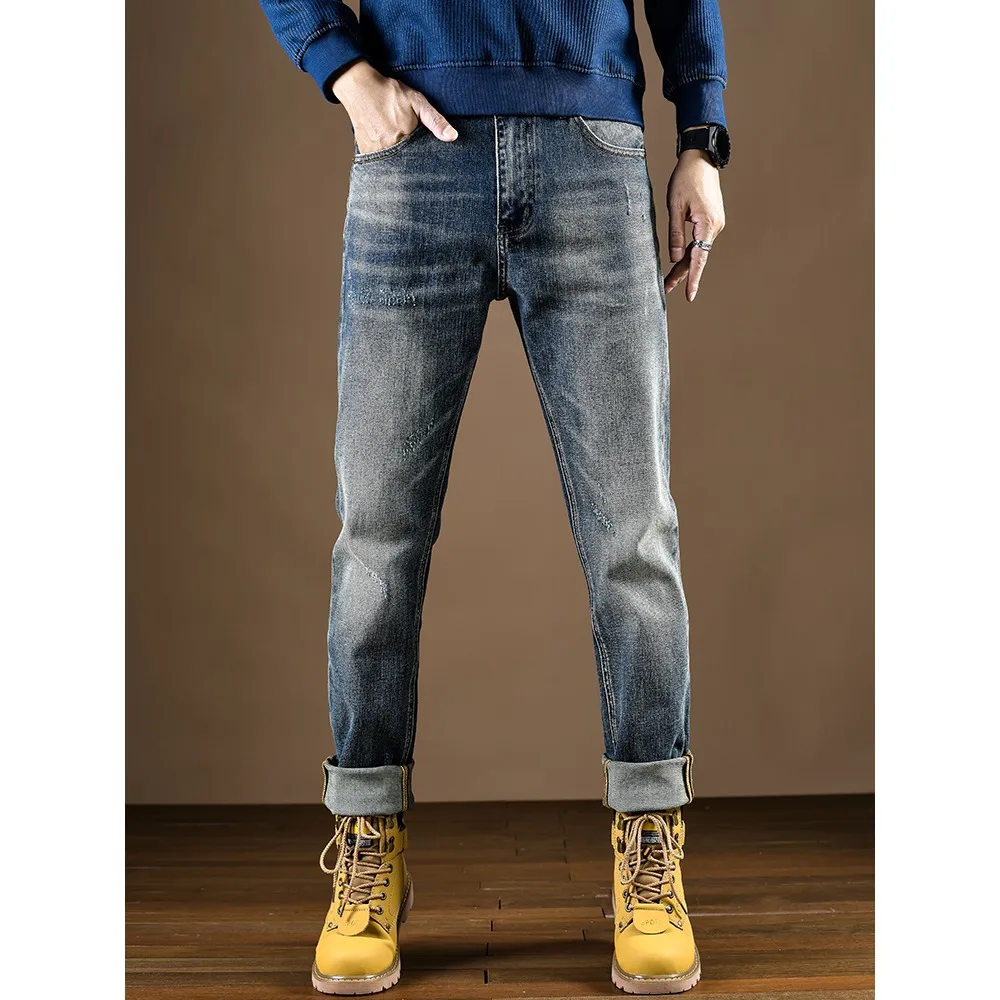 High Quality Spring and Autumn American Retro Blue Men's Jeans Slim Fit Elastic Small Feet Casual Jeans Skinny Jeans Men