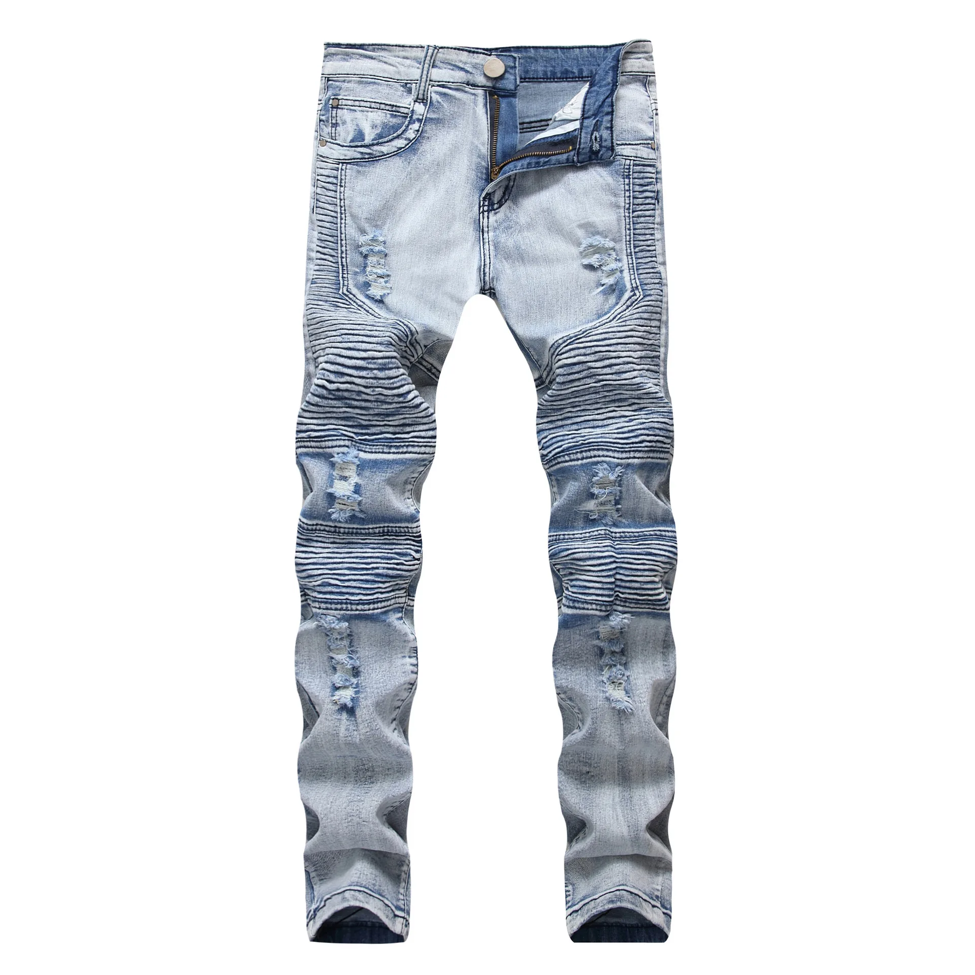 Men's Wrinkled Slim Fit Skinny Stretch Ripped Jeans Distressed Motorcycle Straight Denim Pants Washed Hip Hop Streetwear Trouser