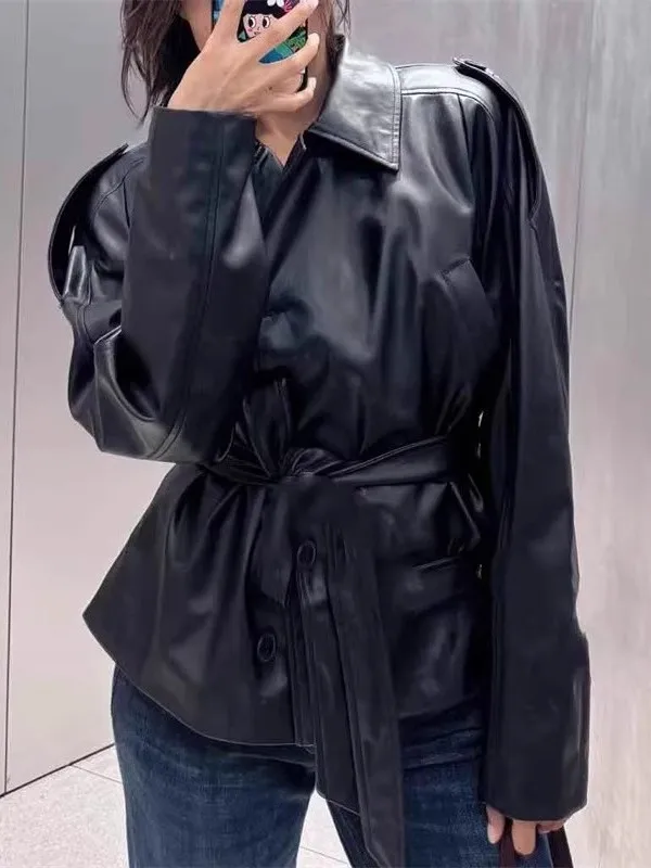 

Fall 2025 New Women's Loose High Collar Faux Leather Waist Belt Pilot Jaet Coat Chinese Sle Medium Length for Ladies