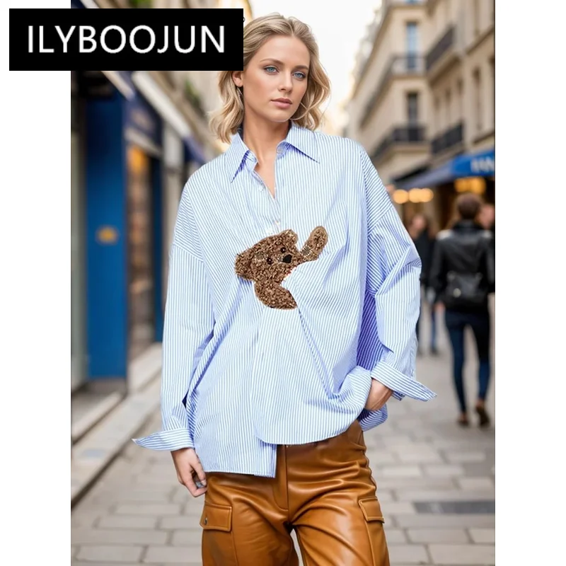 

ILYBOOJUN Hit Color Loose Chic Shirts For Women Lapel Long Sleeve Striped Designer Minimalist Blouse Female Fashion Style New