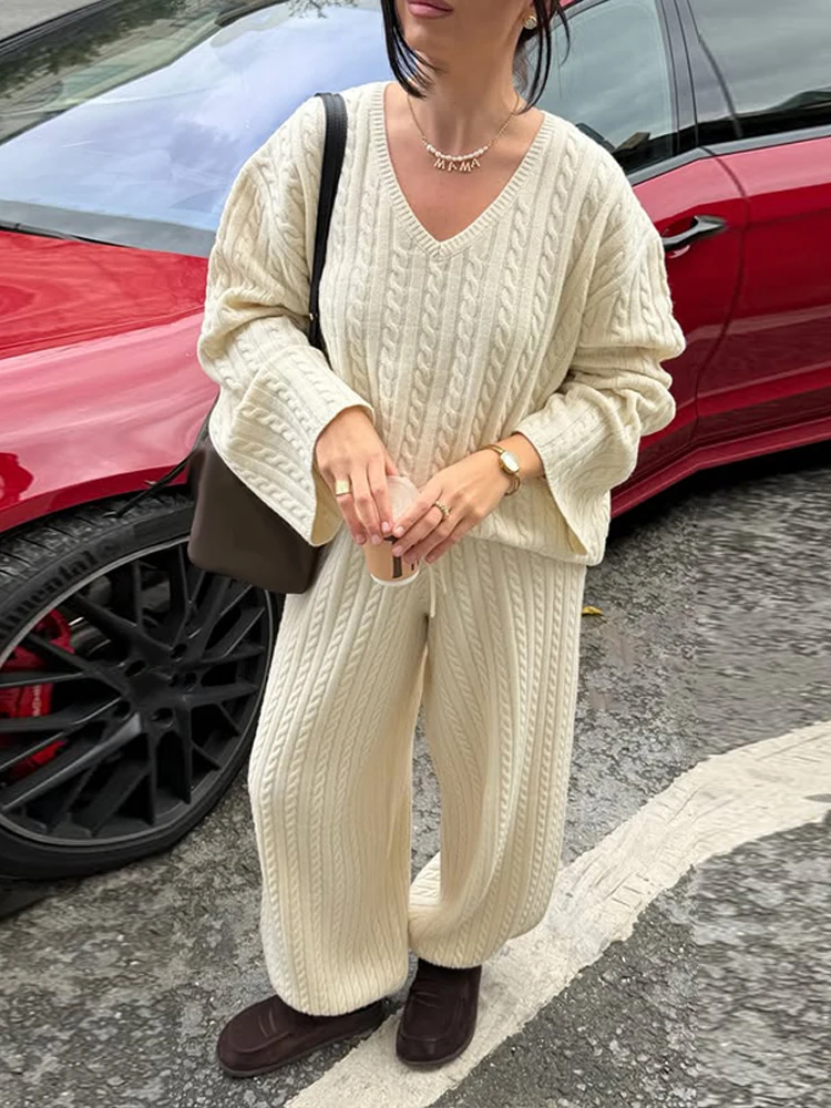 Womens Cream Cable Knit Sweater Pants Set V Neck Long Sleeve Loose Fit Ribbed Wide Leg Trousers Fall Winter Daily Loungewear
