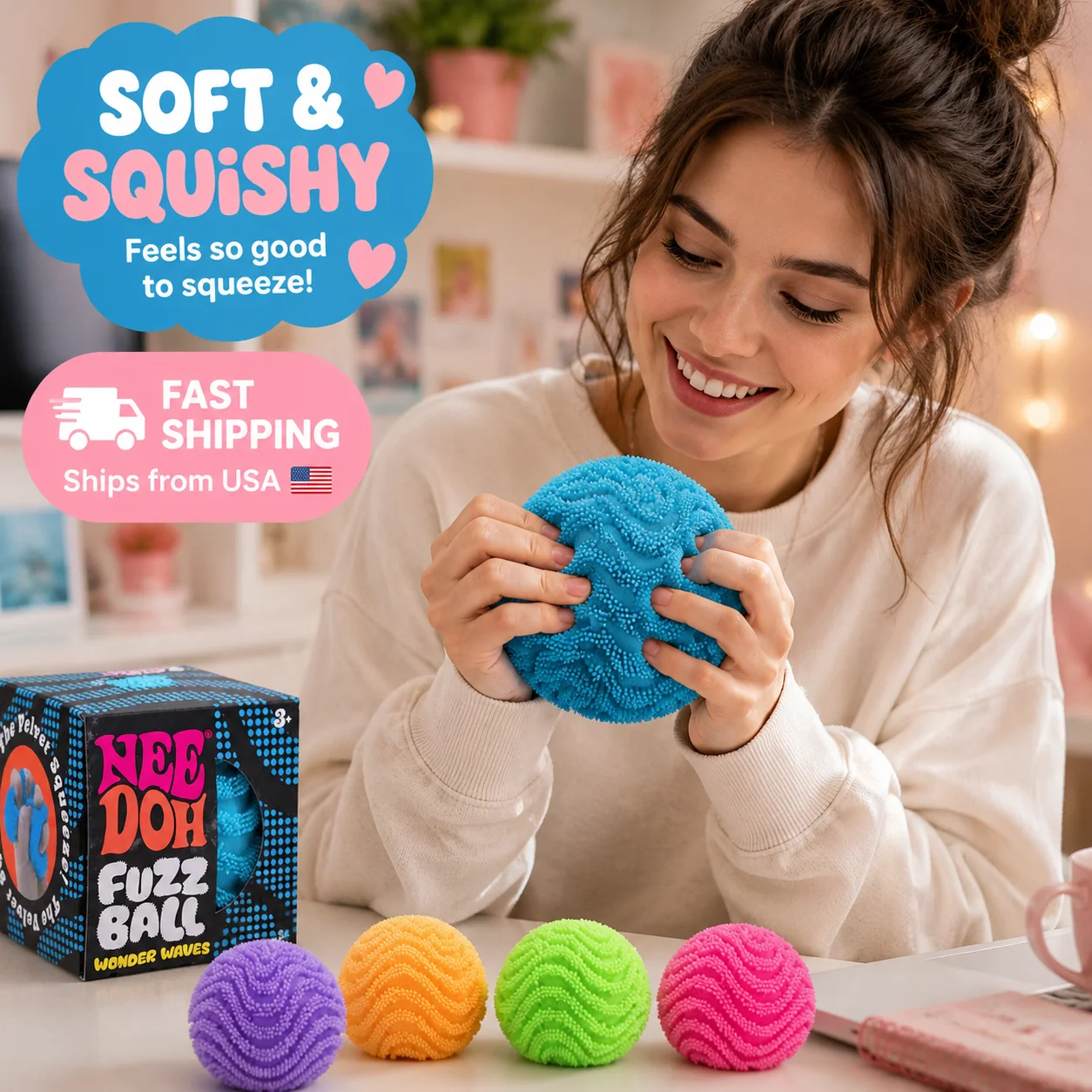 Needoh Bestseller Stress Relief Slow Rising Squishy Fuzzy Ball Fidget Toy with Flour Filled Wave Plush Ball for Kids Adults