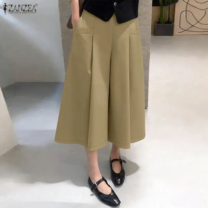 ZANZEA Women's Casual Wide-Leg Pants Elastic Back Waist Solid Loose Mid-Calf Length Trousers Fashion Streetwear Cropped Pant