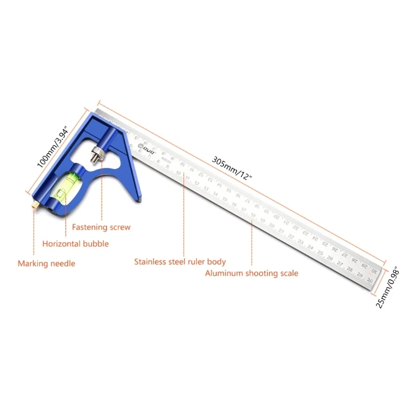 Woodworking Tool Adjustable Combination Try Square Ruler with Level