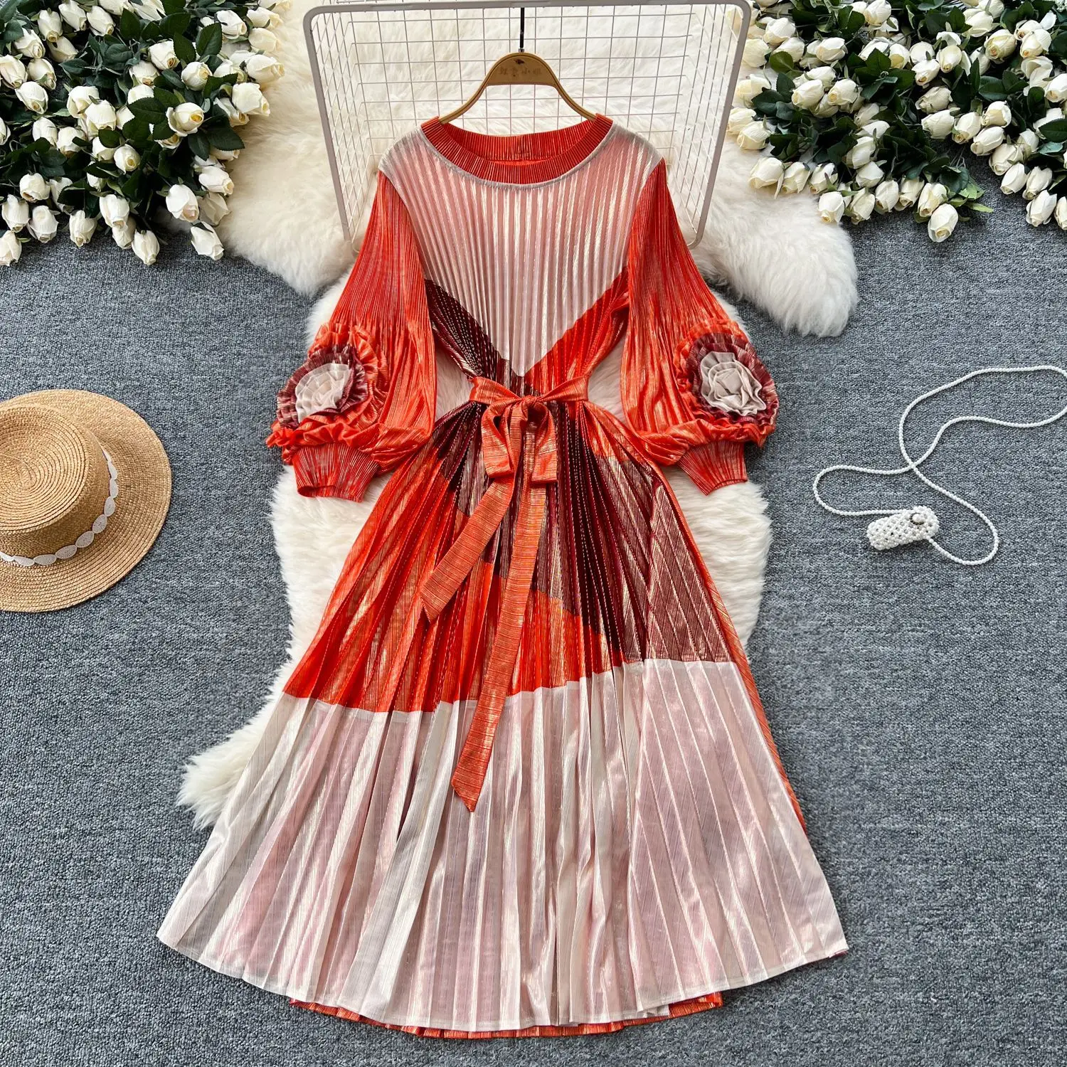 Miyake Pleated Dress Women's Retro Elegant Three-dimensional Flower Lantern Sleeve Waist Loose Pleated Long Dress 2025 New