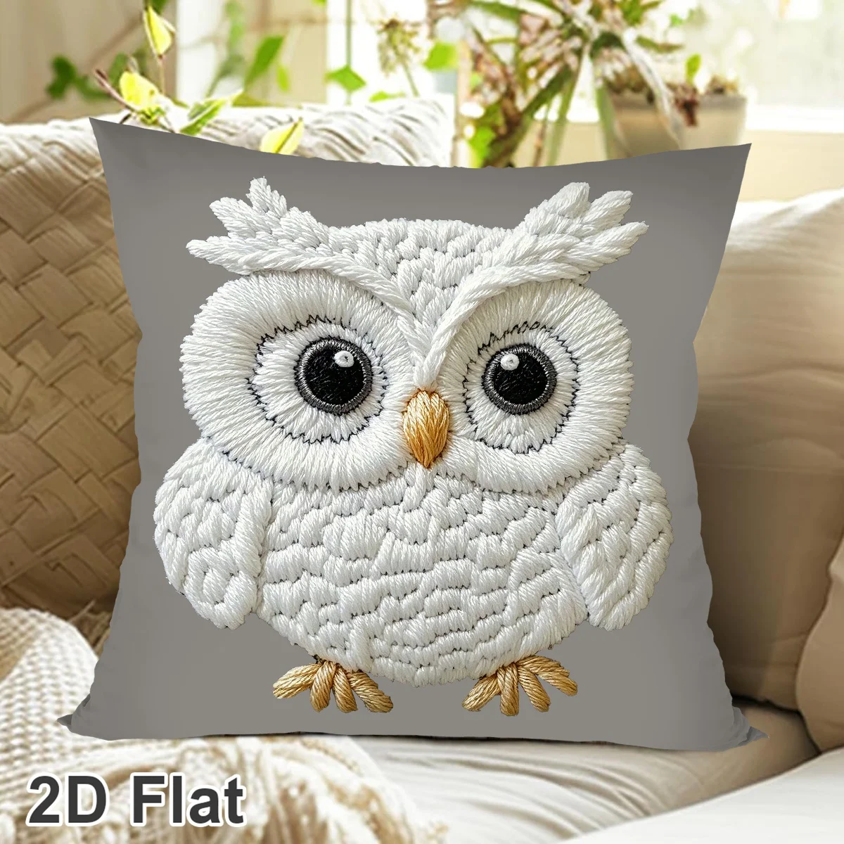 Cartoon White Owl Embroidery Cushion Cover 45*45cm Grey Base Peach Skin Pillowcase Home Sofa Bedroom Decor No Pillow Insert