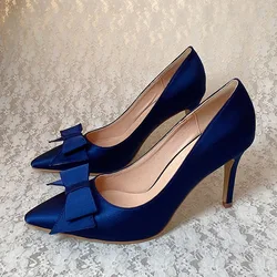 Venus lure Navy Bridesmaid Wedding Pumps High Heels Pointed Toe with Bows Customized Heel