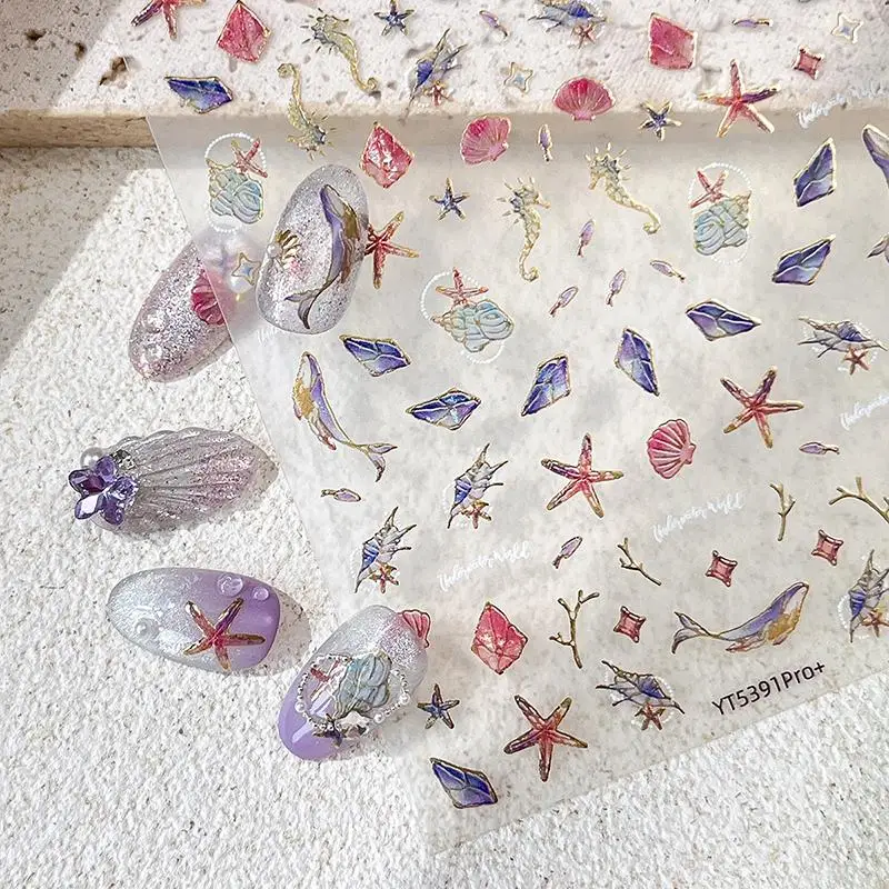 5D Summer Sea Shell Nail Sticker Shiny Embossed Starfish Nails Stickers Summer Shell Seahorse Whale Nail Decals Decoration