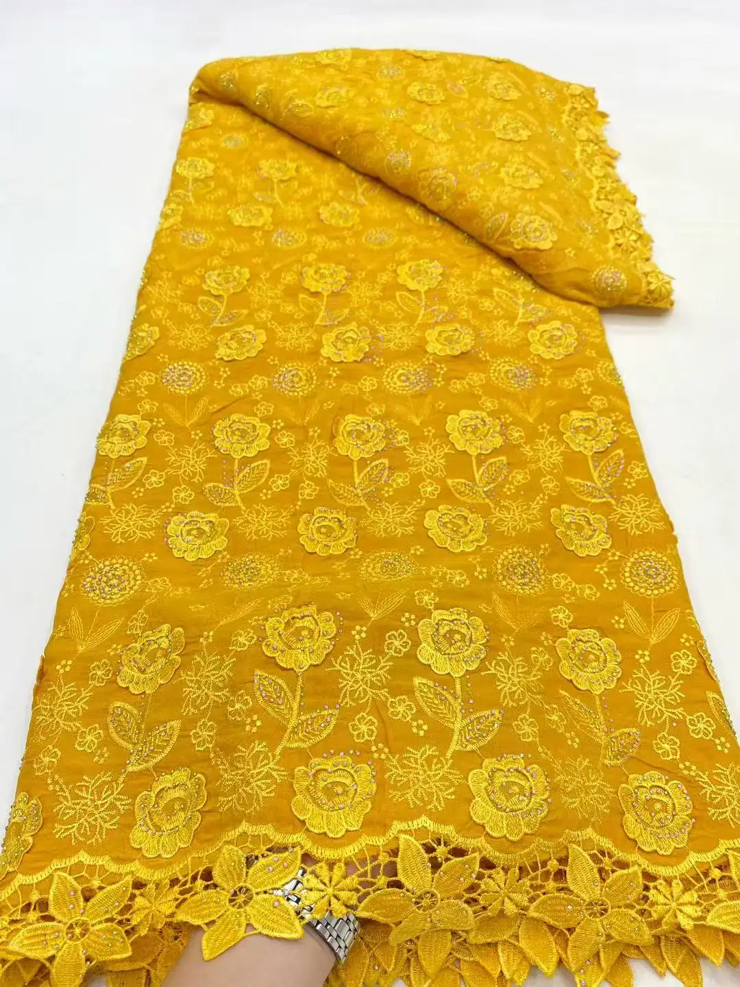 

5 Yards Nigerian Guipure Cord Lace Fabric 2025 High Quality Sequins African Mesh Milk Silk Embroidery Lace Fabric Women Material