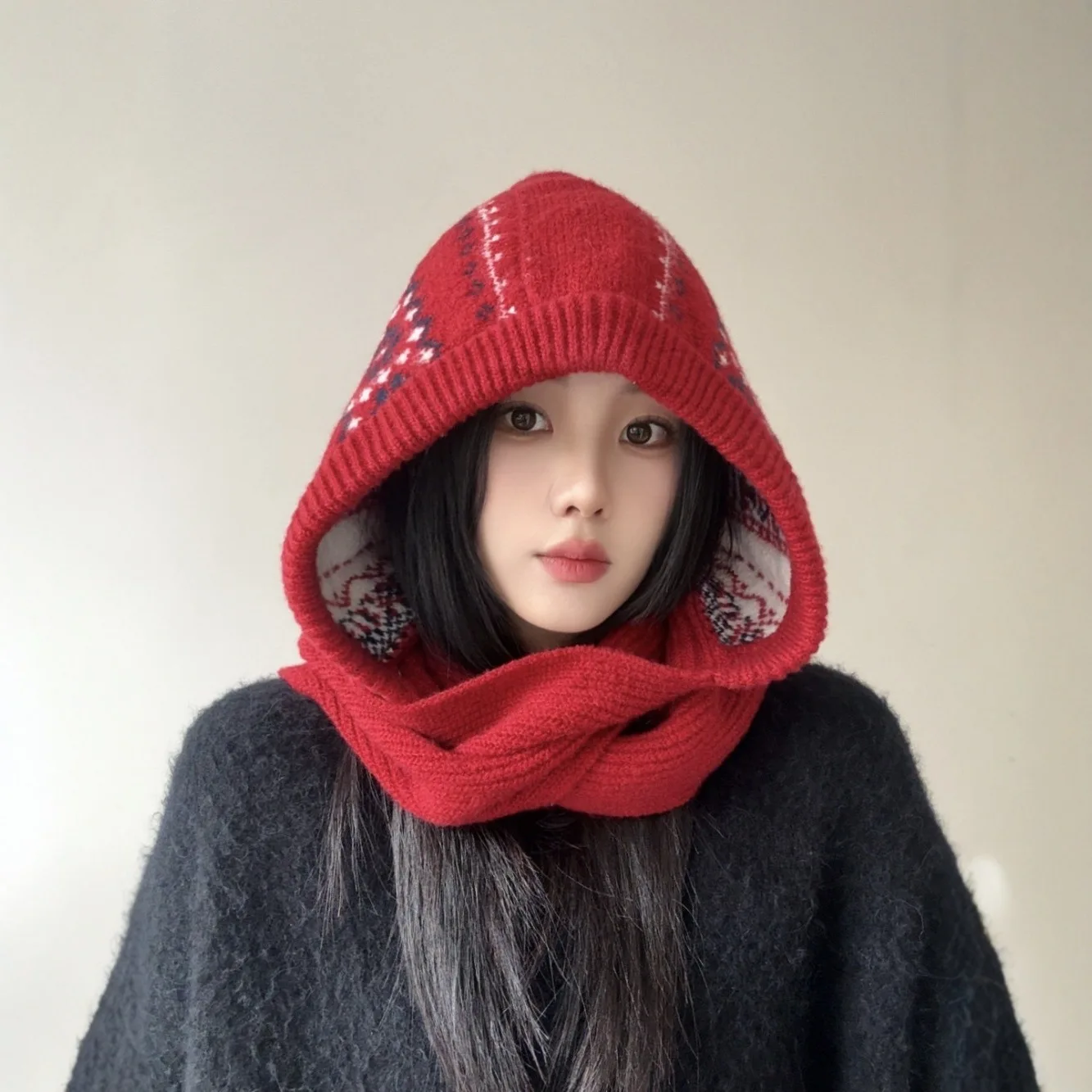 Fair Island Style Balaclava Hat, Fashionable in Autumn and Winter, Stacked Outside, Knitted Hat, Scarf, Integrated Warm Scarf