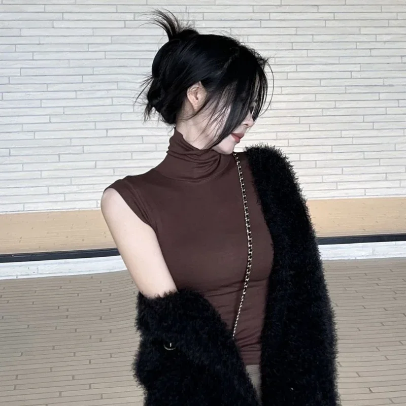 Damen Tanktop mit hohem Kragen, ärmellos, figurbetont, dehnbar, durchscheinend, atmungsaktiv, leicht, Coquette Y2K, lässig, Party, Layering, Basisschicht – Detail 6