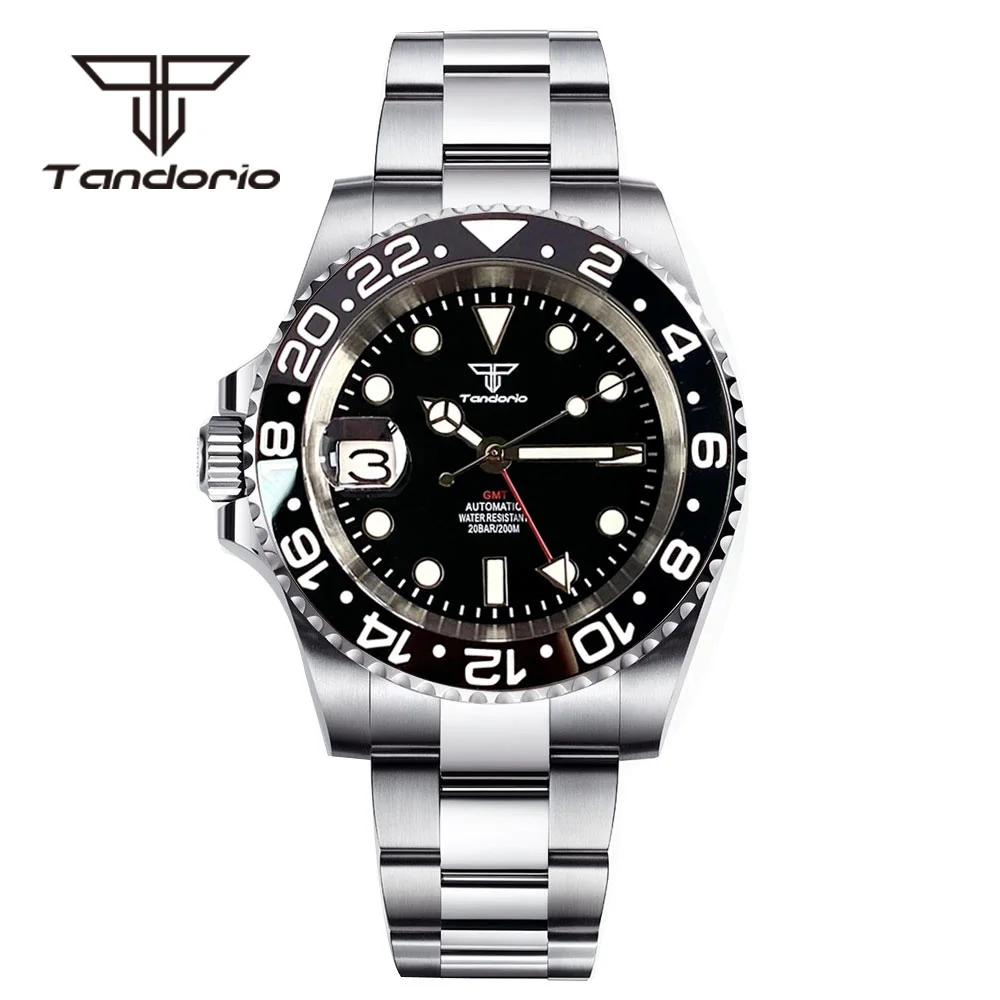 Tandorio GMT NH34A Left-Handed Screw Crown 20Bar Stainless Steel Automatic Dive Watch for Men Sapphire Glass Rotating Bezel Date