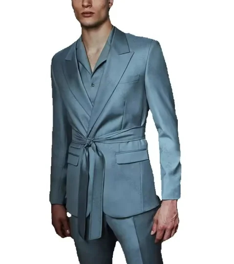 

Blue Grey Men Suit With Belt Peaked Lapel Business Casual Formal Costume Homme Slim Fit 2 Pcs Set Jacket Pants
