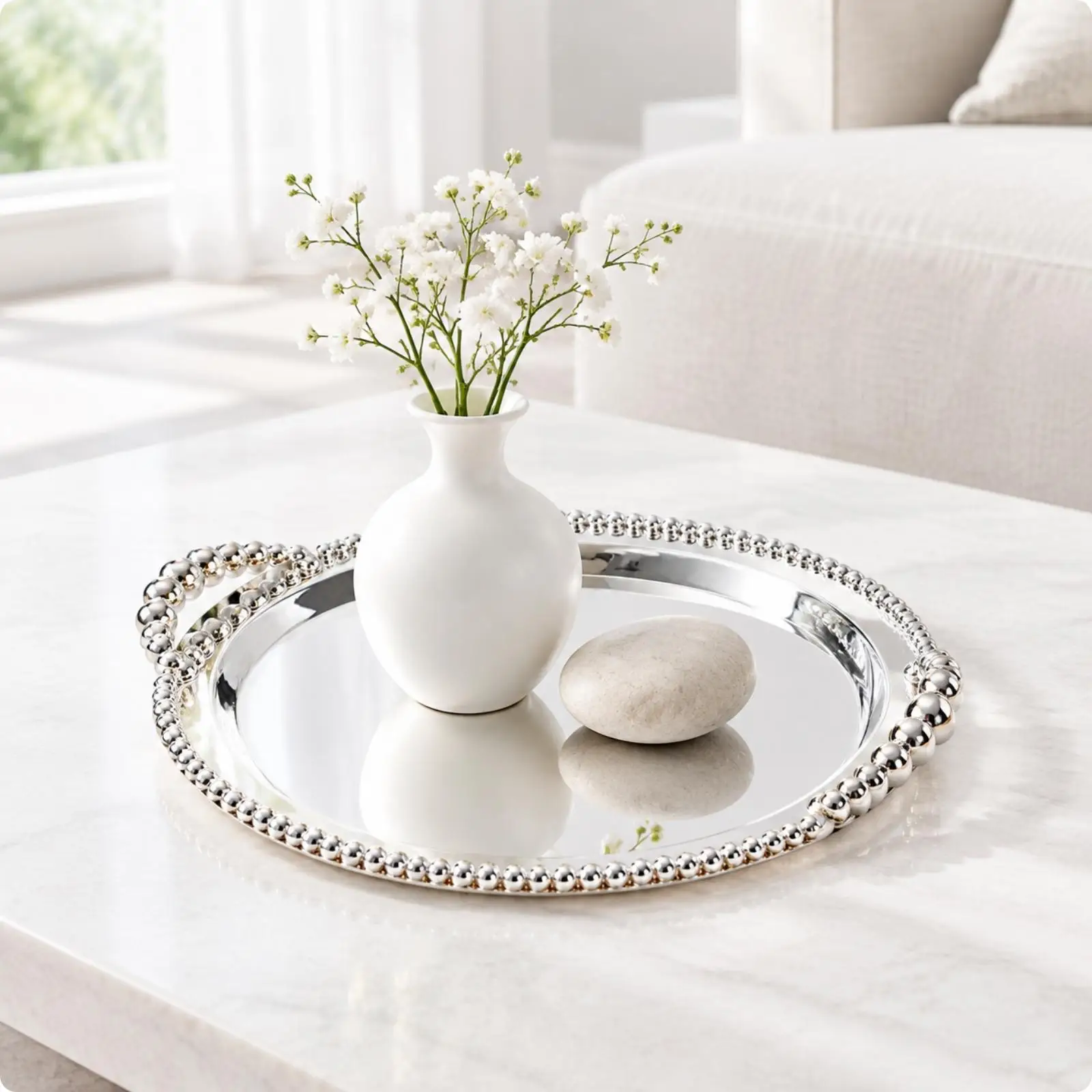 Decorative Round Serving Tray for Dessert Display with Loop Handles and Silver Coating