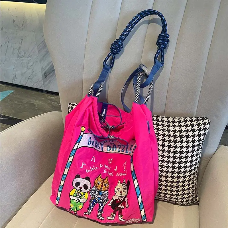 Korean Y2k High Capacity Canvas Tote Bag Cartoon Embroidered Eco Shoulder Bag Women Crossbody Bag Light Shopping Handbag