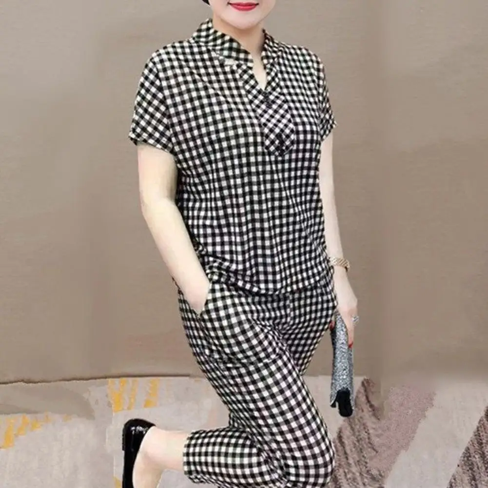 

Женский костюм больших размеров: клетчатый комплект из двух предметов, топ с коротким рукавом на пуговицах, укороченные облегающие брюки, летняя домашняя одежда, комплект для отдыха