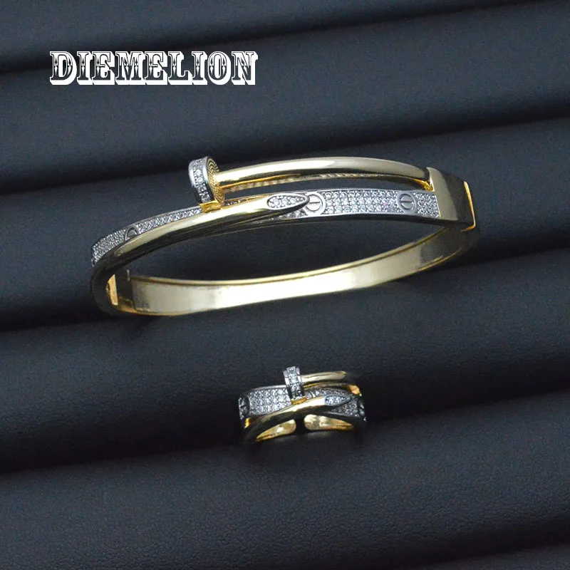 Trendy Two-tone Design Three-layer Zircon Nail Bracelet Ring Set for Women Punk Style CZ Bangle Charms Jewelry