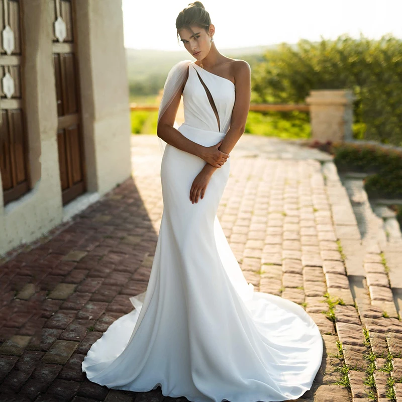

Eightree Elegant Mermaid Wedding Dresses White One Shoulder Backless Satin Bridal Dress Women Wedding Ball Prom Gowns Customized