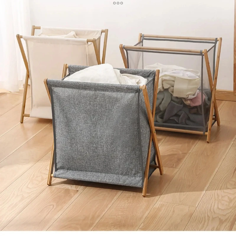 Folding Wood Laundry Hamper Cart Collapsible Clothes Basket with Removable Fabric Liner X-Frame Design for Easy Sorting