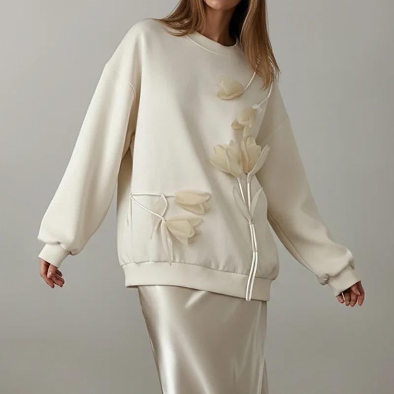 Autumn Winter Mid-length Lazy Loose Three-dimensional Floral Long-sleeved Pullover Sweatshirt for Women