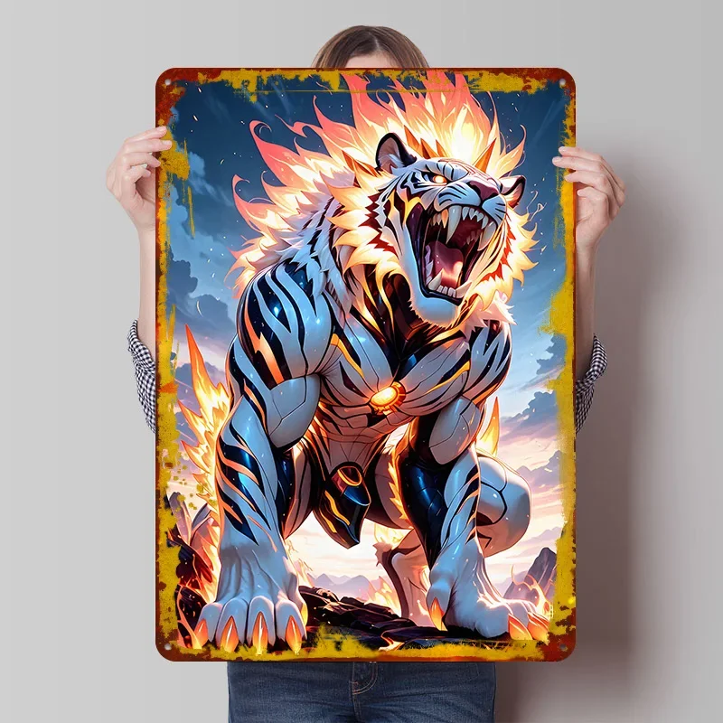 Fiery Tiger Warrior Tin Plaque Poster Customized Wall Art Retro Vintage Metal Signs for Man Cave Room Decoration Gaming Decor
