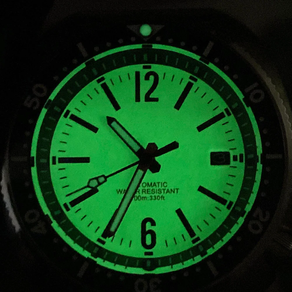 Tandorio NH35A Lume Green Dial 44mm Automatic Men Diving Watch 200M Waterproof Sapphire Crystal Ceramic Insert Steel Bracelet