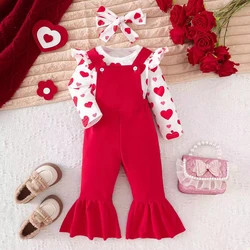 Baby Girls Valentine's Day Clothes Set 0-2 Y Heart Printed Bodysuit+Red Overalls+ Headband 3Pcs Toddler Girls Outfit