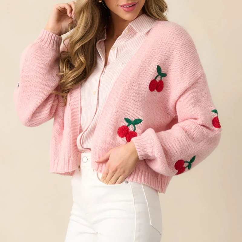 

Fall 2025 New Cherry Embroidery Women's Sweater Cardigan Fashionable Elegant Long Sleeve Knit