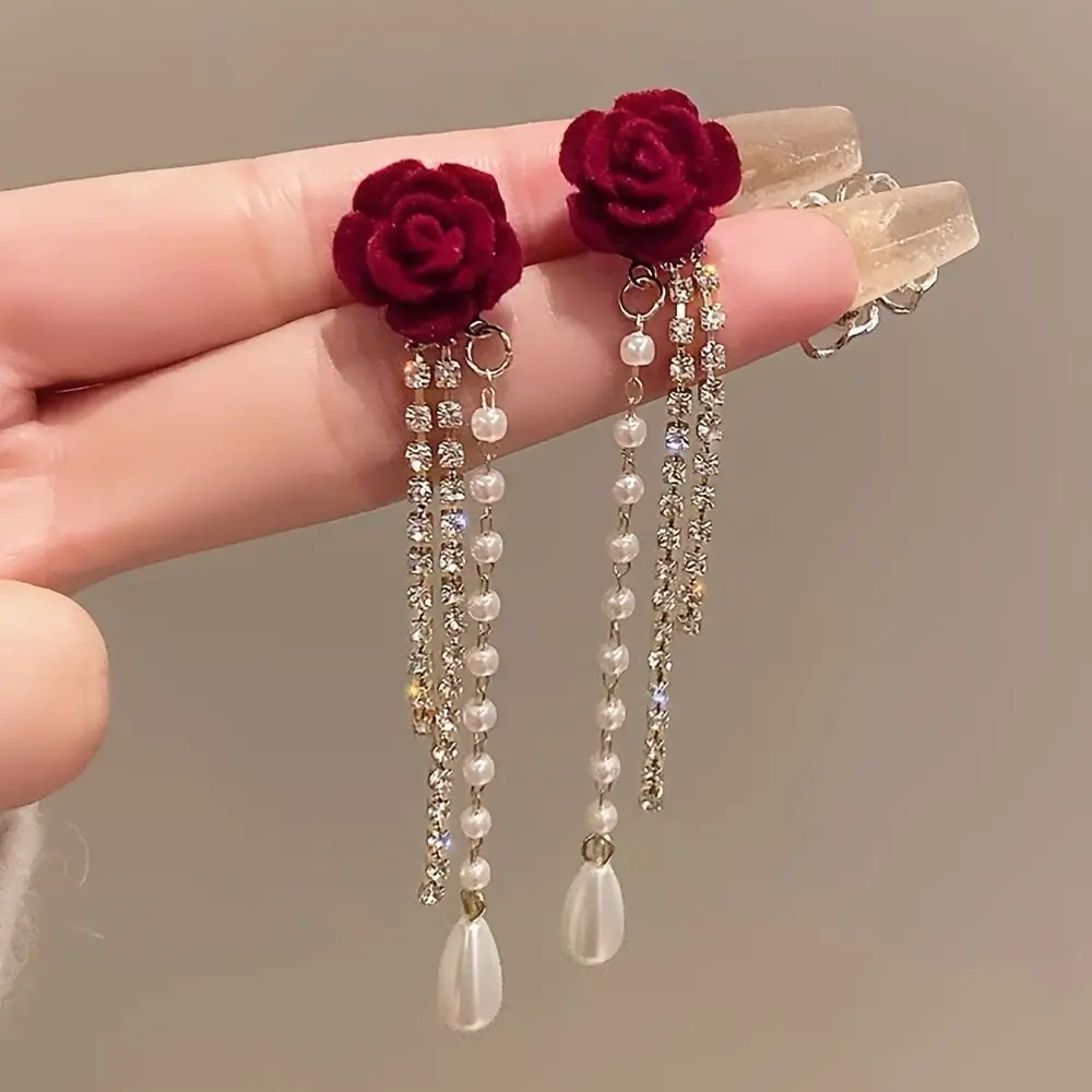 Simple Shiny Rhinestone Dangle Earrings Tassel Pearl Bow Stud Earrings Bow Red Rose Korean Style Earrings Female