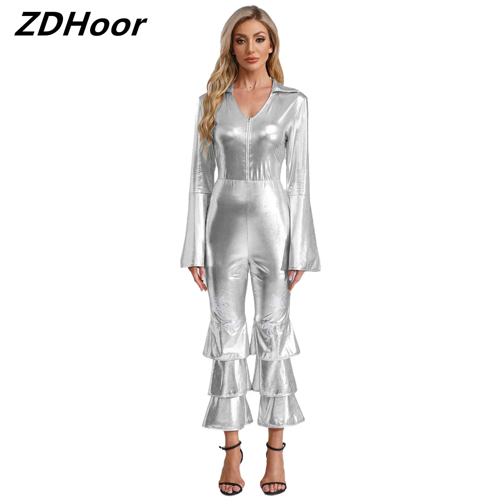 

Women Metallic Party Bodysuit One Piece Long Sleeve Flared Jumpsuit Disco Costume Sparkle Retro Cosplay Costume Prom Costume