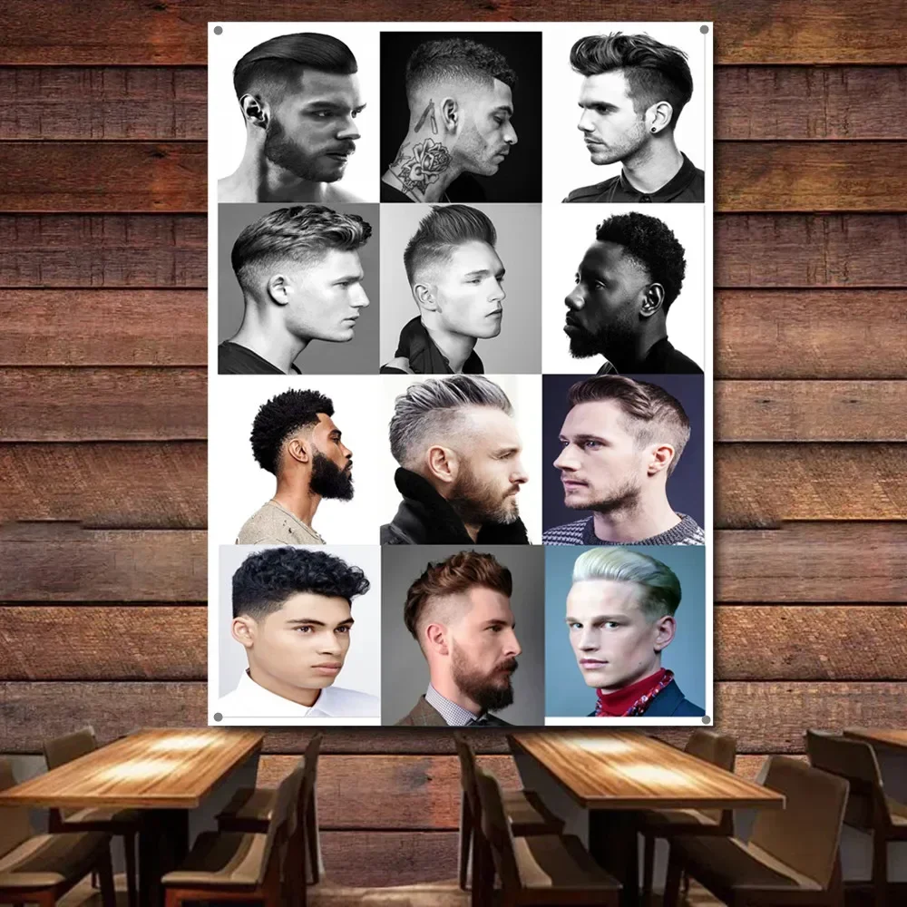 Mens-short-side-hairstyles-slicked-back Posters Vintage Banner Flag Barber Shop Signboard Hair Salon Poster Wall Decor Painting