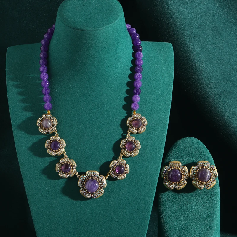 

Vintage Designer Flower Jewelry Sets Purple Glaze Beads Short Necklace Natural Stone Stud Earring New Elegant Mother's Day Gifts