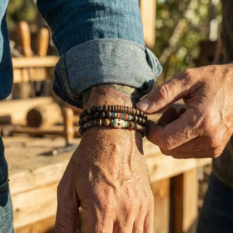 Vintage Handmade Beaded Skull Bracelet For Men Wooden Coconut Shell Beaded Bracelet Jewelry view 3