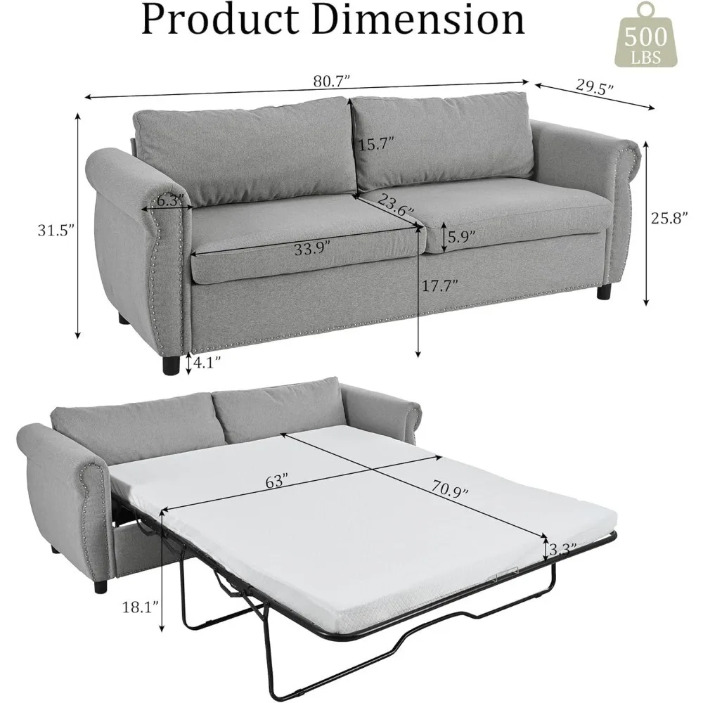 Queen Pull Out Sofa Couch，Convertible Sleeper Sofa Bed with Memory Foam Mattress and Wood Bed Frame, Pull Out Couch Bed