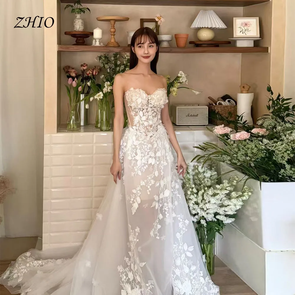ZHIO فستان زفاف ساحر ثلاثي الأبعاد مزين بالزهور على شكل قلب سويب تراين على شكل حرف a كوريا لالتقاط الصور فستان استقبال الزفاف مخصص جديد 2026 #1