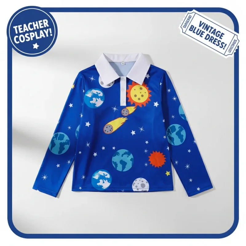 

☎TDA Women Halloween Costume Miss Frizzle Dress Teacher Cosplay Outfit Vintage Blue Long Sleeve Dress☎
