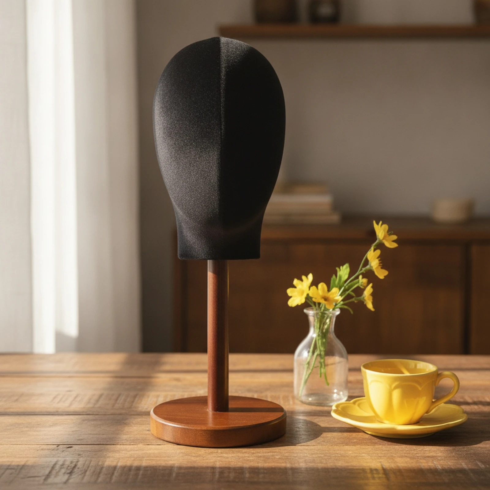 Hairpiece Mannequin Head with Wooden Base Velvet-Covered Mannequin Head with Wooden Base Display Stand Vintage-Style Wood Color