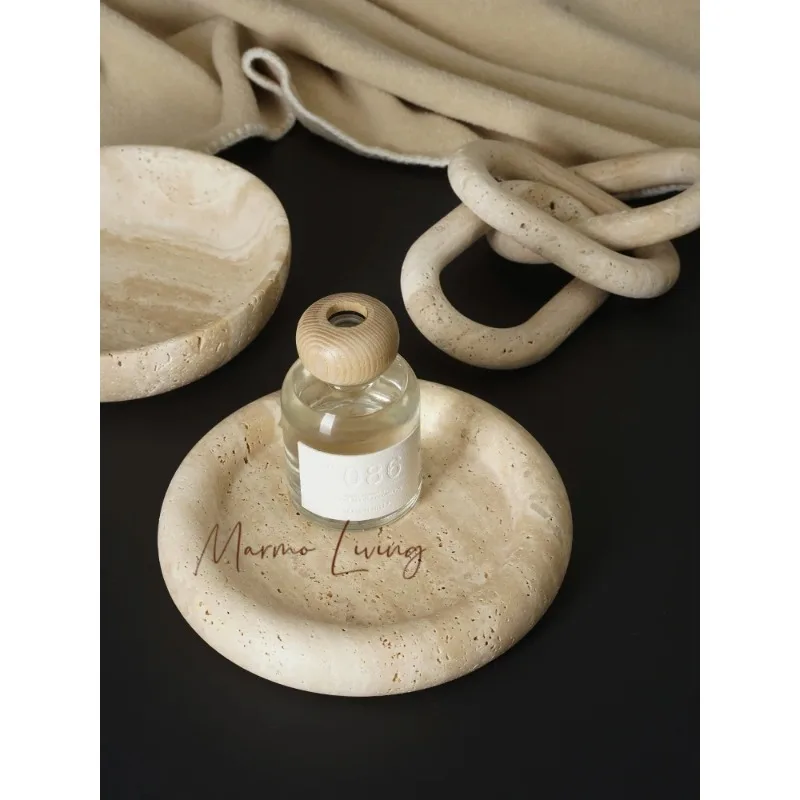 

Travertine Serving Tray Marble Jewelry Dish Round Fruit Bowl for Coffee Table Home Decor