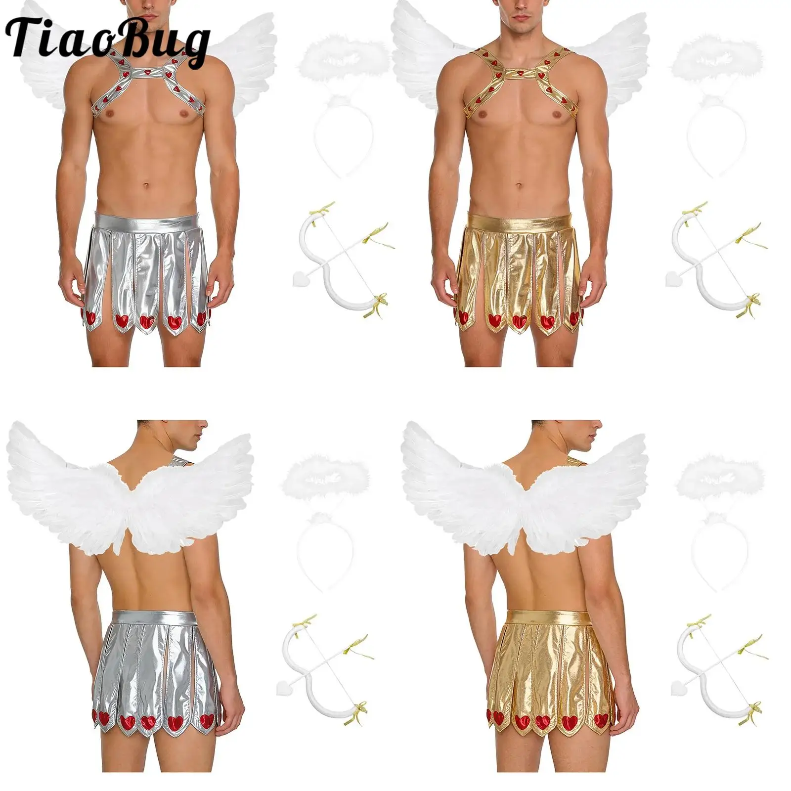 

Men Halloween Cupid Princess Cosplay Costume Chest Harness Skirts Feather Angel Wings And Hair Hoop for Festivals Valentin Gifts