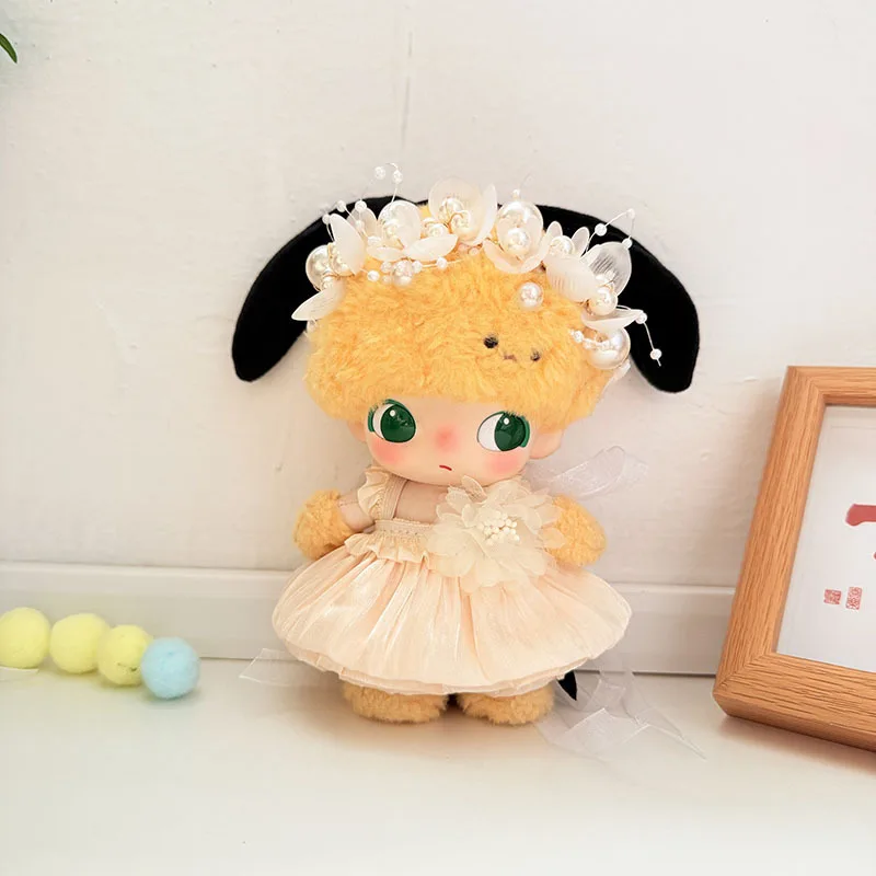 Puppenkleidung für DIMOO und 15/17 cm großes Labubu-Plissee-Blumenkleid in rosa, weißem Champagner mit Perlen-Haarschmuck