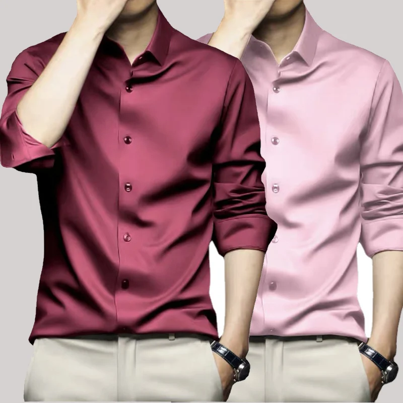 

50-120KG Men's Blue Shirt Business Leisure Social Fashion High Quality Ice Silk Shirt Casual Work Top