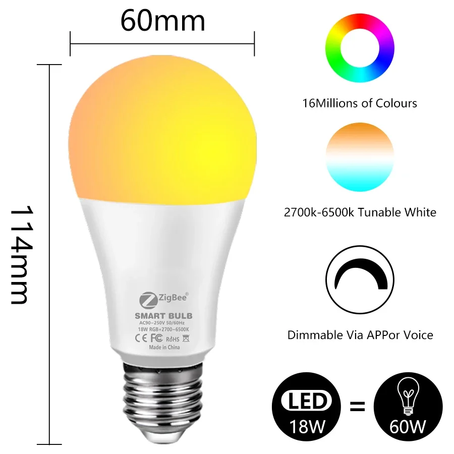 Zigbee Smart Bulb E27 12W 15W 18W Mobile APP Control RGB Multi-Color Change 85-265V Works with Alexa Google Home LED Bulb