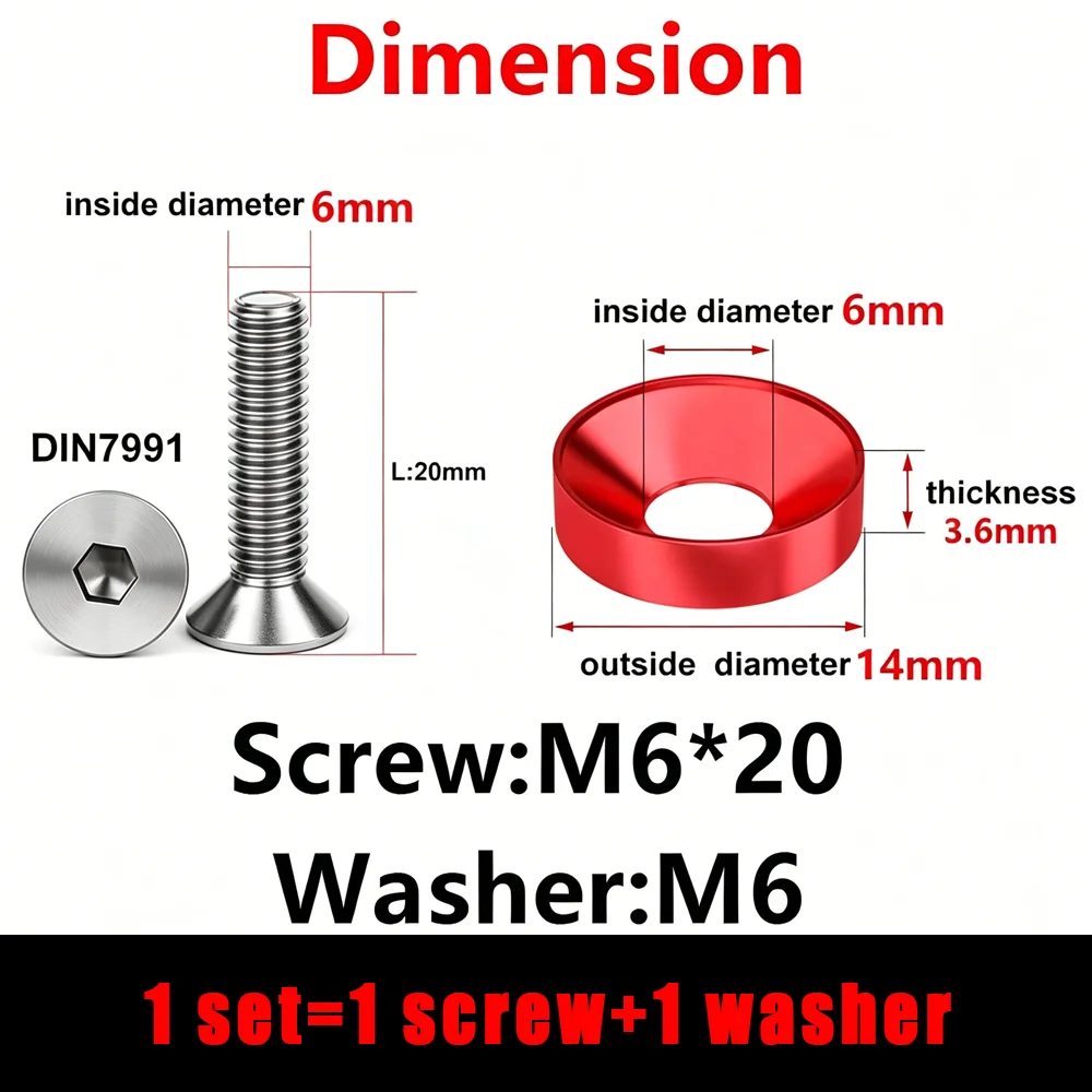 M6 Aluminium Alloy Anodized Washer Screw Kit Colorful Aluminum Countersunk Gaskets Spacers Stainless Steel Hex Socket Screw Bolt