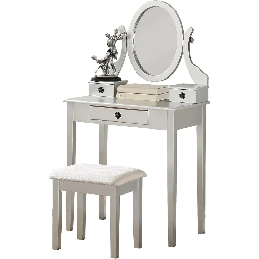Moniys Wood Moniya Makeup Vanity Table and Stool Set, Silver