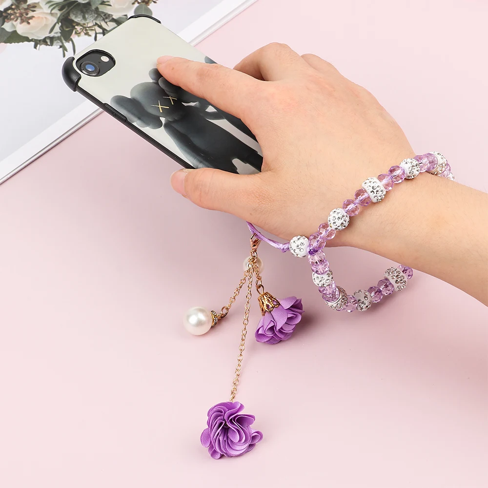 New Fashion Crystal Mobile Phone Hanging Chain Jewelry for Women Pearl Dried Flower Charm Cellphone Case Pendant DIY Accessories